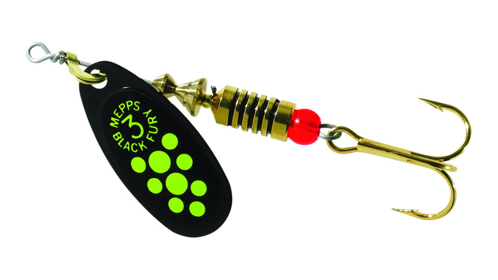 Mepps Black Fury In-Line Spinner, 1/4 oz, Plain Treble Hook Black with Chartreuse Dots, BF3 CH