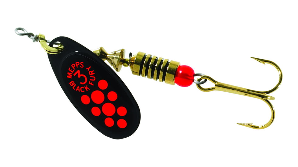 Mepps Black Fury In-Line Spinner, 1/4 oz, Plain Treble Hook Black with Fluorescent Red Dots, BF3 Fl