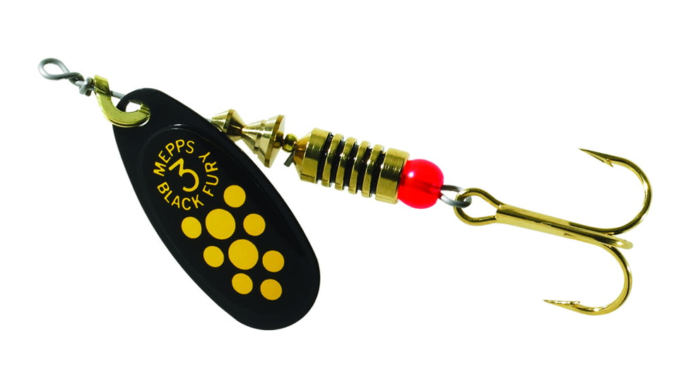 Mepps Black Fury In-Line Spinner, 1/4 oz, Plain Treble Hook Black with Yellow Dots, BF3 Y