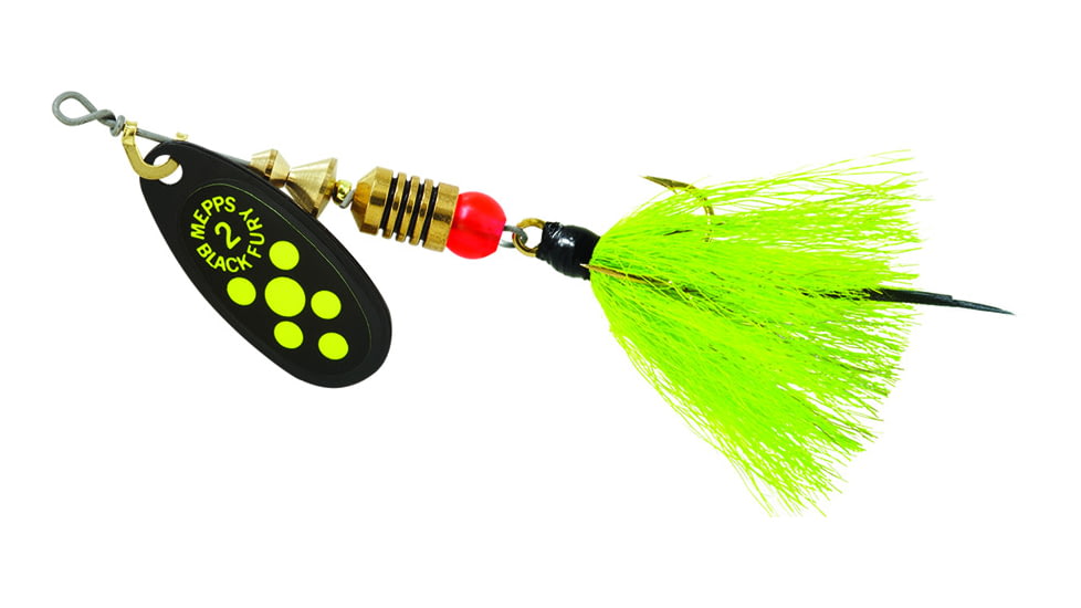 Mepps Black Fury In-Line Spinner, 1/6 oz, Dressed Treble Hook, Chartreuse Dot Blade with Gray &amp; Chartreuse Tail, BF2T CH