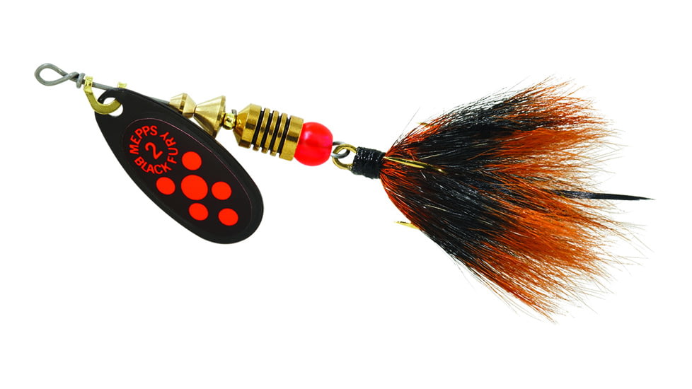 Mepps Black Fury In-Line Spinner, 1/6 oz, Dressed Treble Hook, Fluorescent Red Dot Blade with Gray &amp; Orange Tail, BF2T Fl