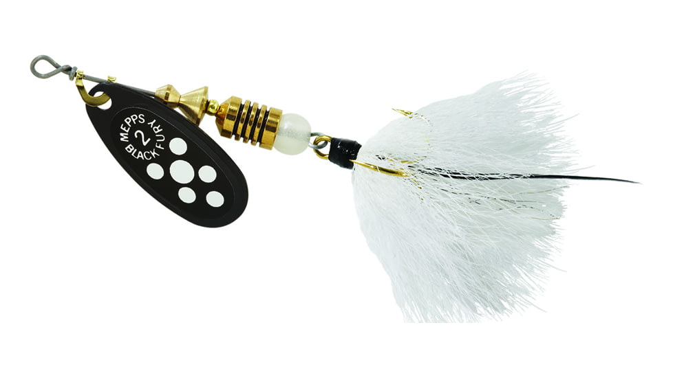 Mepps Black Fury In-Line Spinner, 1/6 oz, Dressed Treble Hook, White Dot Blade with White Tail, BF2T W