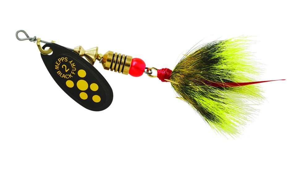 Mepps Black Fury In-Line Spinner, 1/6 oz, Dressed Treble Hook, Yellow Dot Blade with Gray &amp; Yellow Tail, BF2T Y