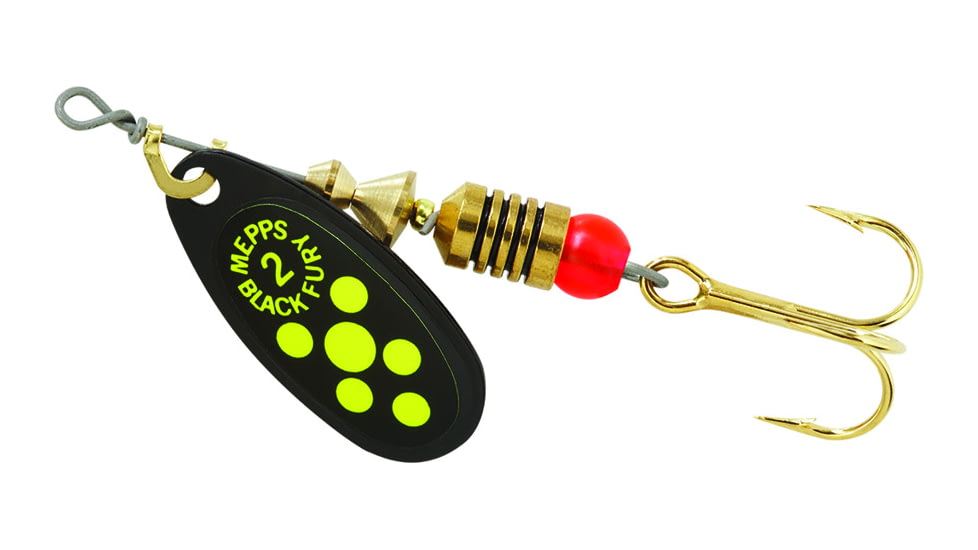 Mepps Black Fury In-Line Spinner, 1/6 oz, Plain Treble Hook Black with Chartreuse Dots, BF2 CH