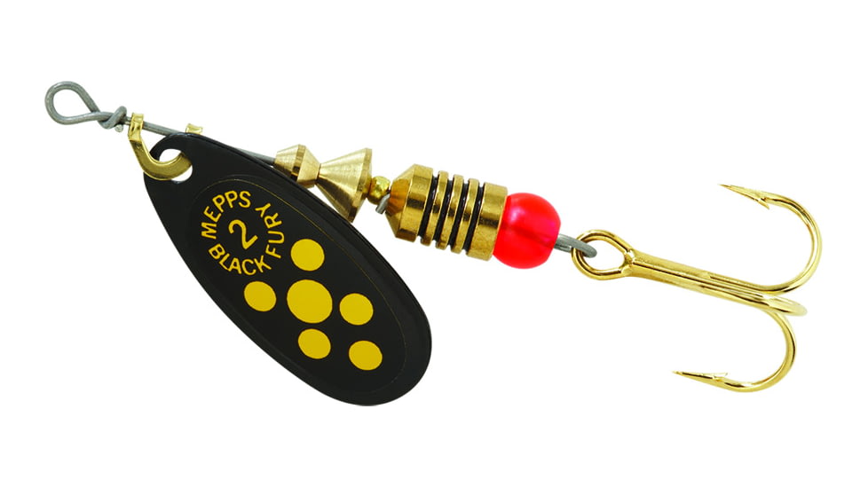 Mepps Black Fury In-Line Spinner, 1/6 oz, Plain Treble Hook Black with Yellow Dots, BF2 Y