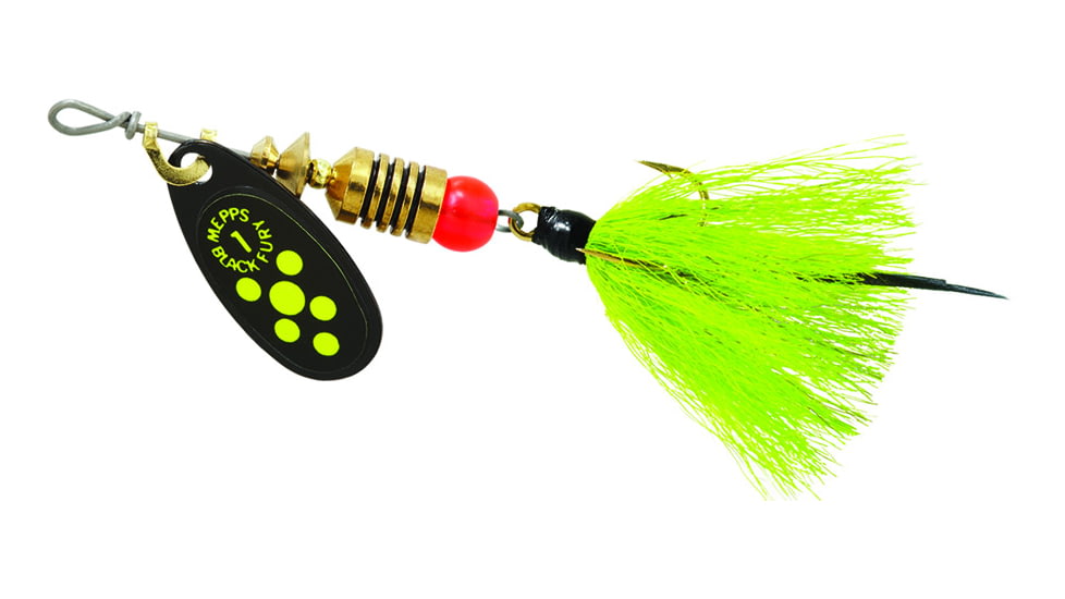 Mepps Black Fury In-Line Spinner, 1/8 oz, Dressed Treble Hook, Chartreuse Dot Blade with Gray &amp; Chartreuse Tail, BF1T CH