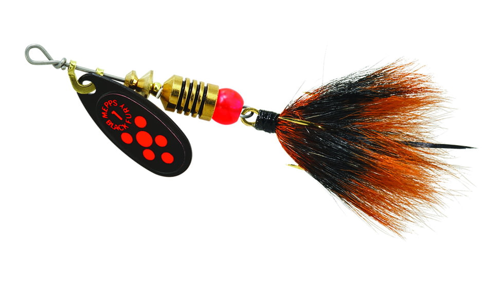 Mepps Black Fury In-Line Spinner, 1/8 oz, Dressed Treble Hook, Fluorescent Red Dot Blade with Gray &amp; Orange Tail, BF1T Fl