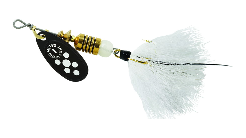 Mepps Black Fury In-Line Spinner, 1/8 oz, Dressed Treble Hook, White Dot Blade with White Tail, BF1T W