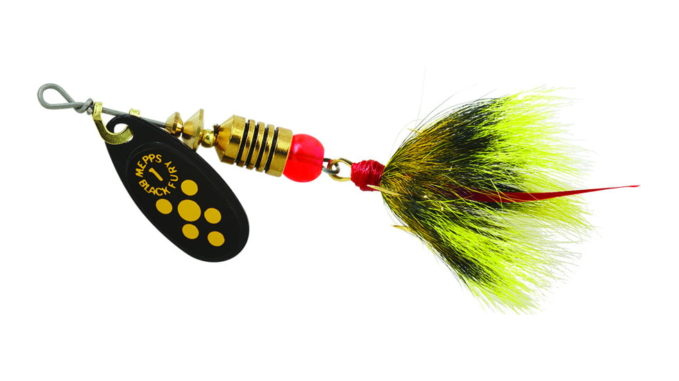 Mepps Black Fury In-Line Spinner, 1/8 oz, Dressed Treble Hook, Yellow Dot Blade with Gray &amp; Yellow Tail, BF1T Y
