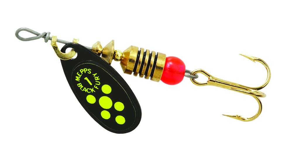 Mepps Black Fury In-Line Spinner, 1/8 oz, Plain Treble Hook Black with Chartreuse Dots, BF1 CH