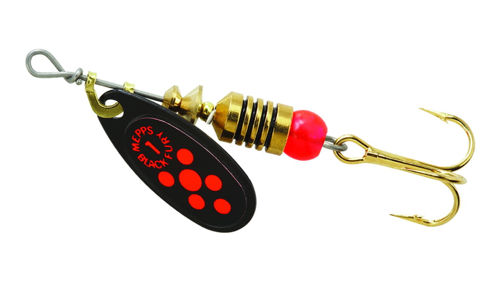 Mepps Black Fury In-Line Spinner, 1/8 oz, Plain Treble Hook Black with Fluorescent Red Dots, BF1 Fl