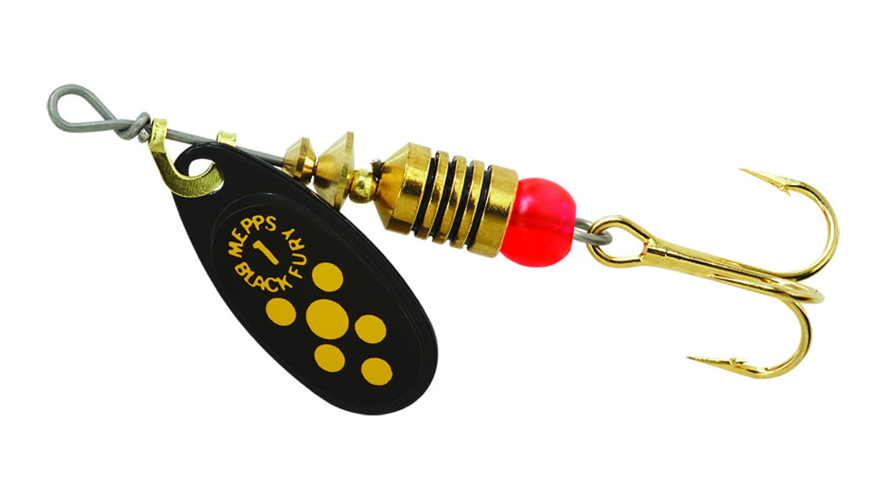 Mepps Black Fury In-Line Spinner, 1/8 oz, Plain Treble Hook Black with Yellow Dots, BF1 Y