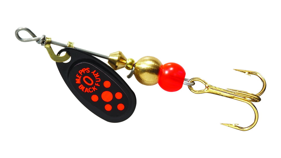 Mepps Black Fury Ultra Lites In-Line Spinner, 1/18 oz Plain Treble Hook, Fluorescent Red Dots, BF00 Fl