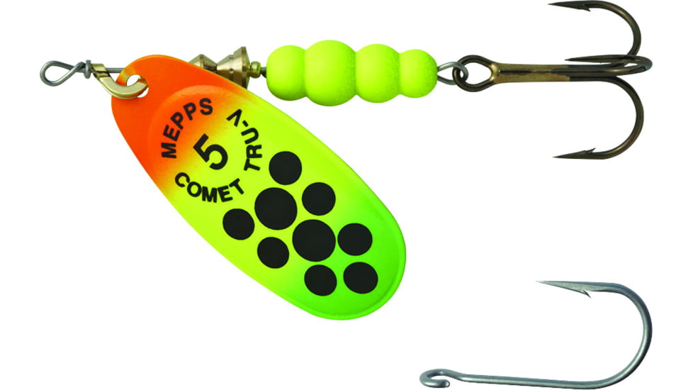 Mepps Comet TRU-V In-Line Spinner, 1/2 oz, Plain Treble Hook, Firetiger &amp; Black Dots, CTV5TP TFTBK