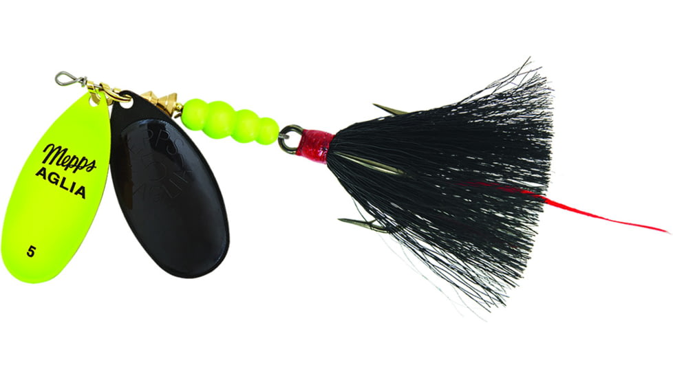 Mepps Double Blade Aglia In-Line Spinner, 11/16 oz Dressed Treble, Hot Chartreuse/Black Blades/Black Tail, BD5THCBK-BK