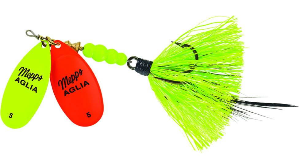 Mepps Double Blade Aglia In-Line Spinner, 11/16 oz Dressed Treble, Hot Chartreuse/Hot Orange Blades/Chartreuse Tail, BD5THCHO-CH