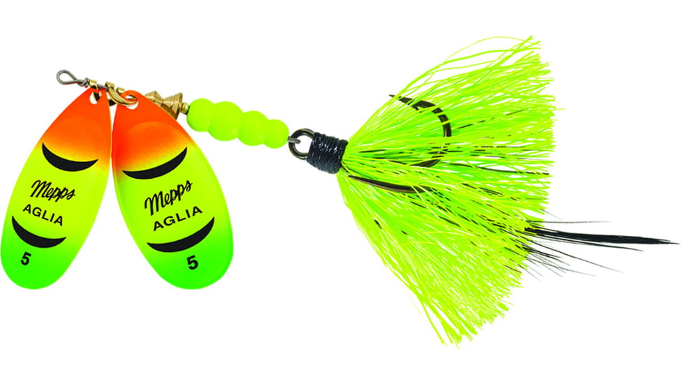 Mepps Double Blade Aglia In-Line Spinner, 11/16 oz Dressed Treble, Hot Firetiger/Hot Firetiger Blades/Chartreuse Tail, BD5THFT2-CH