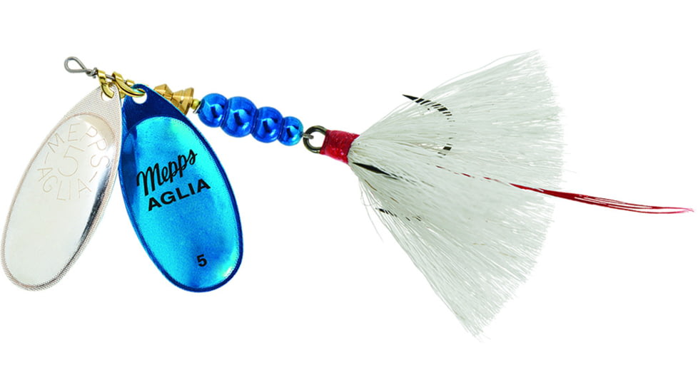 Mepps Double Blade Aglia In-Line Spinner, 11/16 oz, Dressed Treble, Silver/Blue Platinum Blades/White Tail, BD5TSBLP-W