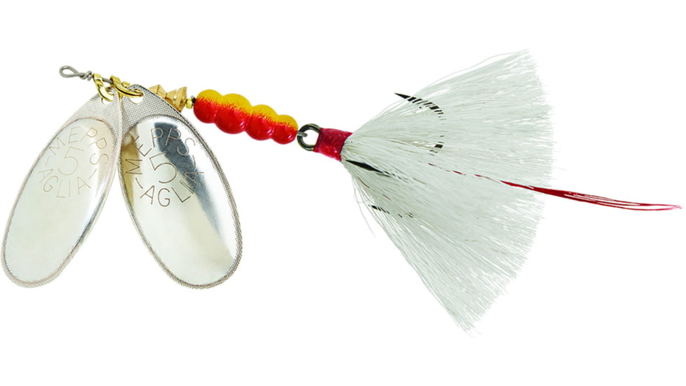 Mepps Double Blade Aglia In-Line Spinner, 11/16 oz, Dressed Treble, Silver/Silver Blades/White Tail, BD5TS2-W