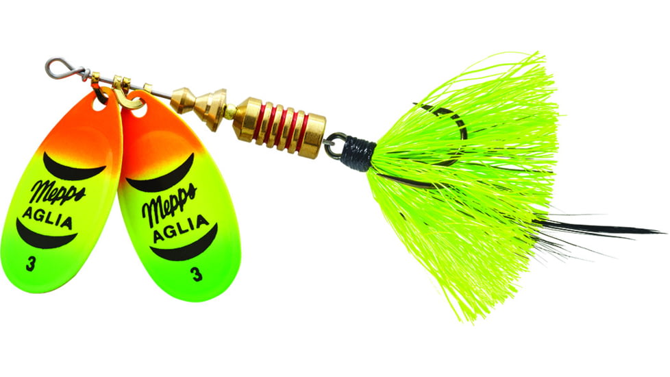 Mepps Double Blade Aglia In-Line Spinner, 5/16 oz Dressed Treble, Hot Firetiger/Hot Firetiger Blades/Chartreuse Tail, BD3THFT2-CH