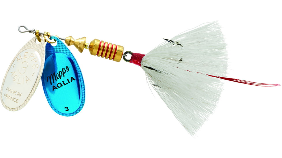 Mepps Double Blade Aglia In-Line Spinner, 5/16 oz, Dressed Treble, Silver/Blue Platinum Blades/White Tail, BD3TSBLP-W