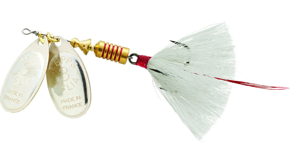 Mepps Double Blade Aglia In-Line Spinner, 5/16 oz, Dressed Treble, Silver/Silver Blades/White Tail, BD3TS2-W