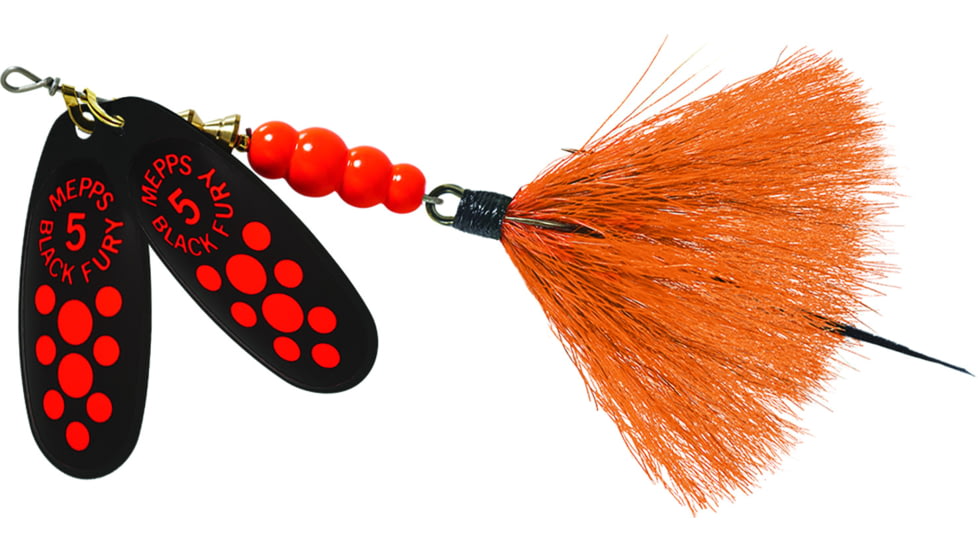 Mepps Double Blade Black Fury In-Line Spinner, 1/2 oz Dressed Treble, Fluorescent Dot &amp; Orange Tail, BFD5T FL2-O