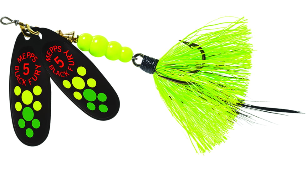 Mepps Double Blade Black Fury In-Line Spinner, 1/2 oz Dressed Treble, Hot Firetiger Dot &amp; Chartreuse Tail, BFD5T HFT2-CH