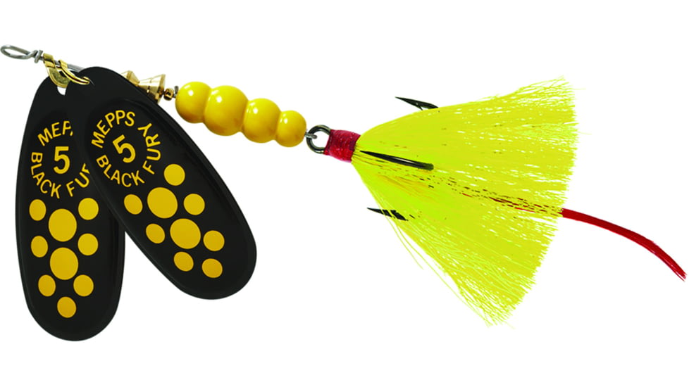 Mepps Double Blade Black Fury In-Line Spinner, 1/2 oz Dressed Treble, Yellow Dot &amp; Tail, BFD5T Y2-Y
