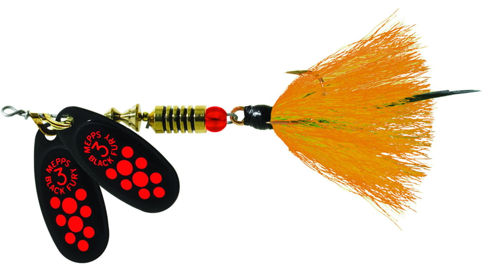 Mepps Double Blade Black Fury In-Line Spinner, 1/4 oz Dressed Treble, Fluorescent Dot &amp; Orange Tail, BFD3T FL2-O