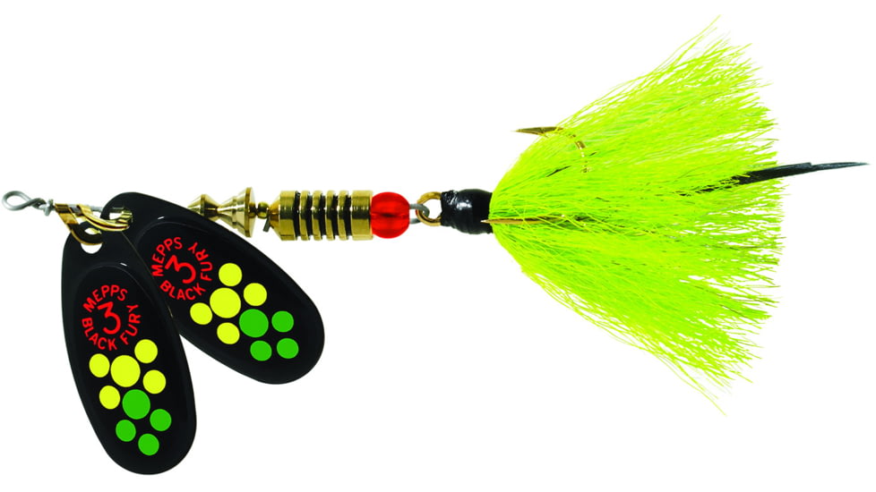 Mepps Double Blade Black Fury In-Line Spinner, 1/4 oz Dressed Treble, Hot Firetiger Dot &amp; Chartreuse Tail, BFD3T HFT2-CH