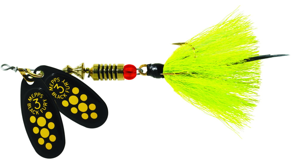 Mepps Double Blade Black Fury In-Line Spinner, 1/4 oz Dressed Treble, Yellow Dot &amp; Tail, BFD3T Y2-Y