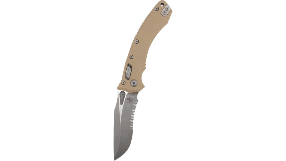 Microtech Amphibian Ram-Lok Apoc Part Serrate Fluted G10 3.875in Folding Knife, Tan, 137RL-11APFLGTTA