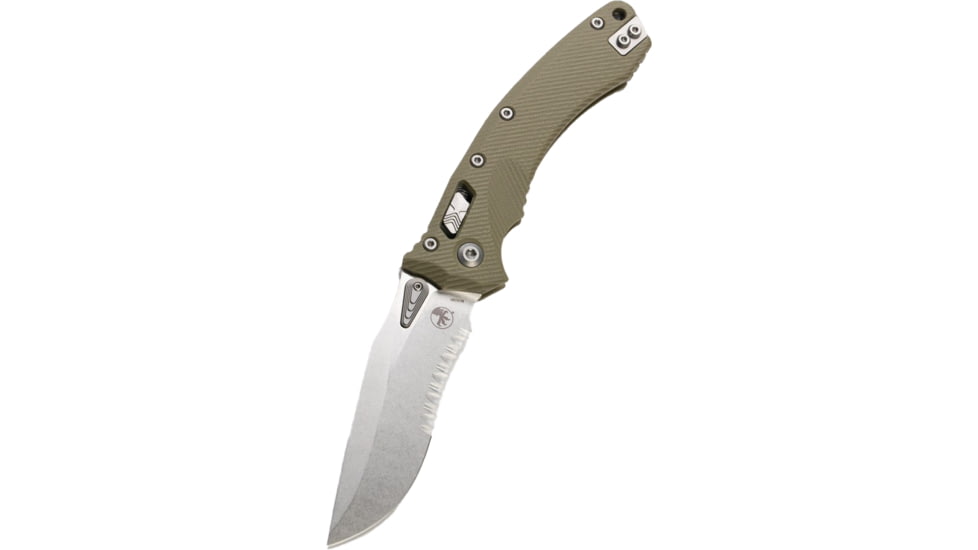 Microtech Amphibian Ram-Lok STW Part Serr Fluted G10 3.875in Folding Knife, Olive Drab, 137RL-11FLGTOD
