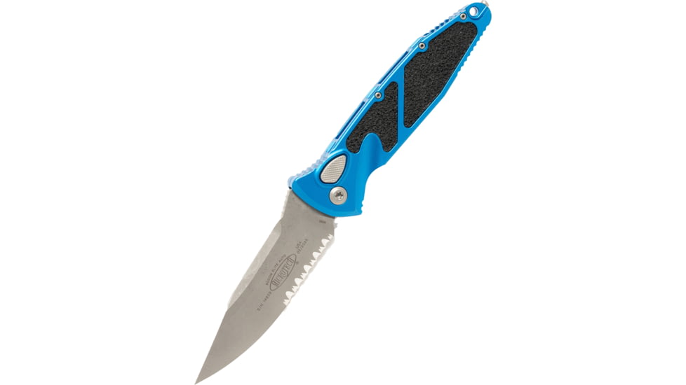 Microtech Socom Elite T/E Apocalyptic Part Serrate 4in Folding Knife, Blue, 161-11APBL