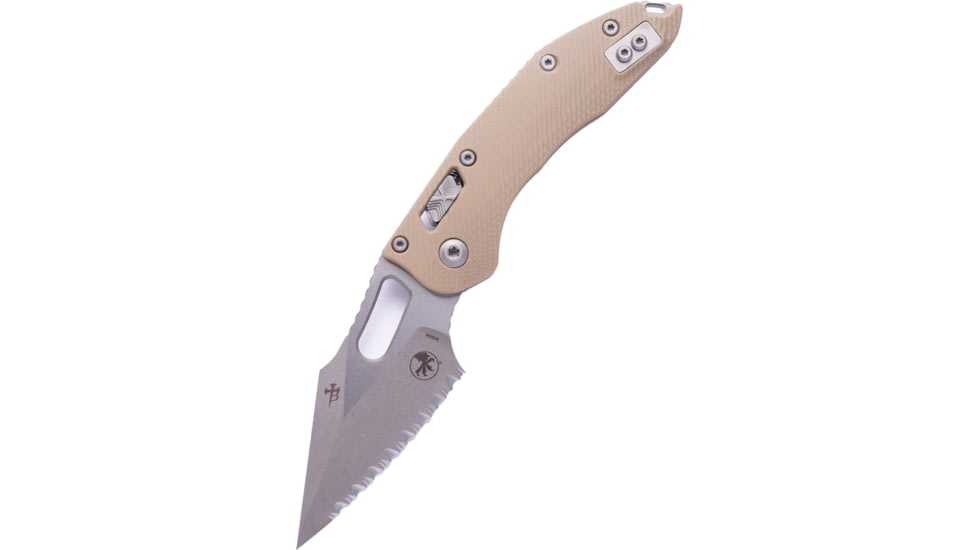 Microtech Stitch Ram-Lok Apocalyptic Fluted G-10 Full Serrate 3.71in Folding Knife, Tan, 169RL-12APFLGTTA