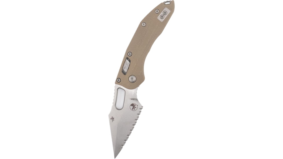 Microtech Stitch Ram Lok S/E Stonewash Full Serrate Fluted G-10 3.71in Folding Knife, Tan, 169RL-12FLGTTA