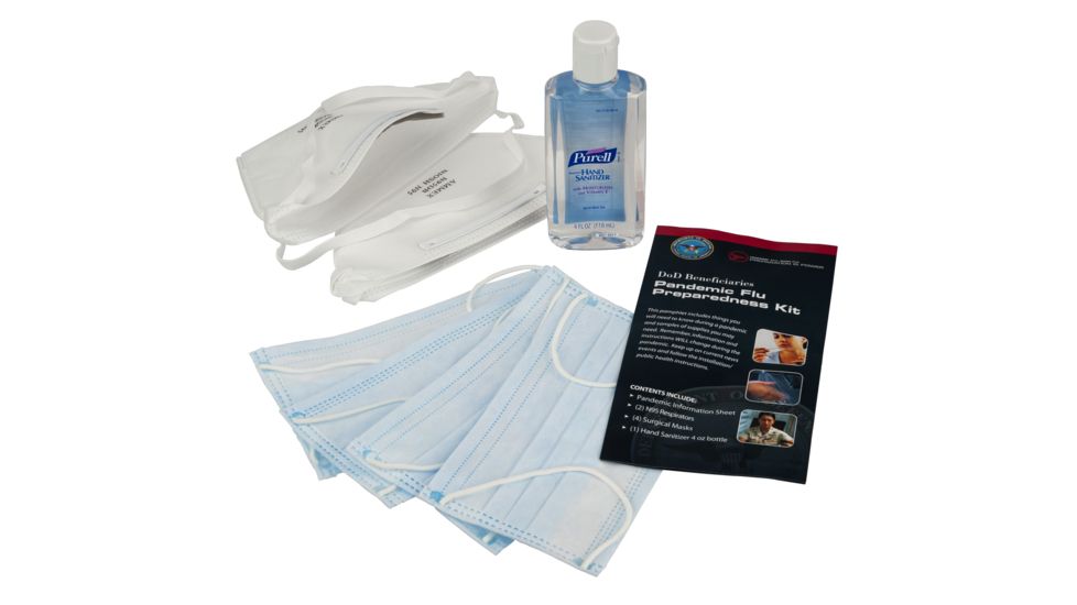 Military Surplus Official DoD Pandemic Flu Preparedness &amp; Protection Kit w/ two N95 Respirators, four Surgical Masks, 4oz Bottle of Hand Sanitizer, NSN 6545-01-566-9074, N95SM, EDEMO3