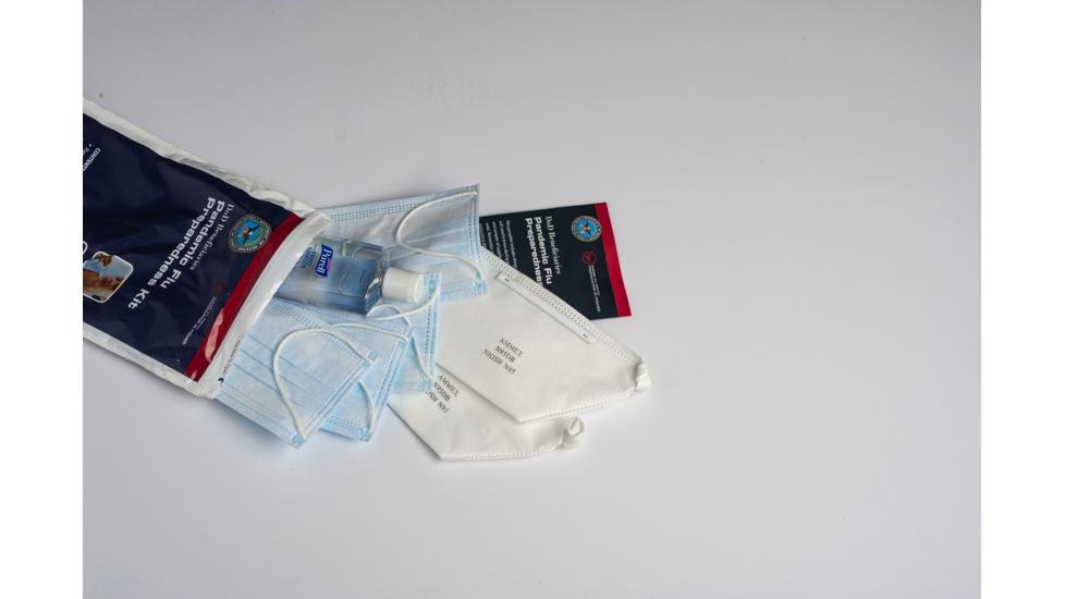 Military Surplus Official DoD Pandemic Flu Preparedness &amp; Protection Kit w/ two N95 Respirators, four Surgical Masks, 4oz Bottle of Hand Sanitizer, NSN 6545-01-566-9074, N95SM, EDEMO3