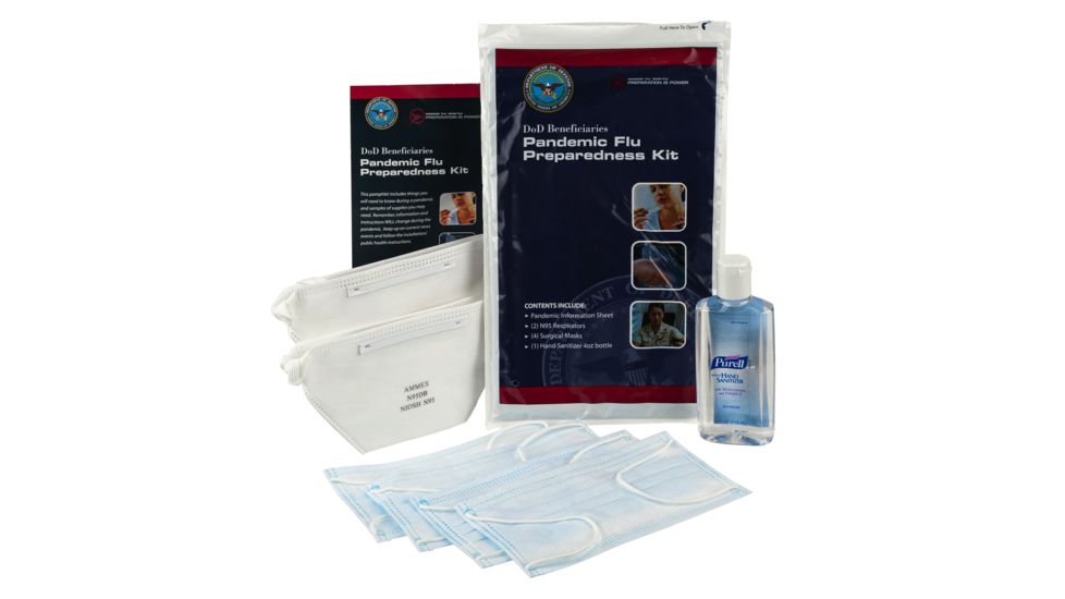 Military Surplus Official DoD Pandemic Flu Preparedness &amp; Protection Kit w/ two N95 Respirators, four Surgical Masks, 4oz Bottle of Hand Sanitizer, NSN 6545-01-566-9074, N95SM, EDEMO3