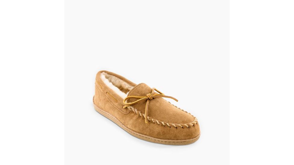 Minnetonka Sheepskin Hardsole Moccasin Slippers - Mens, Tan, 11, 3741-255-11