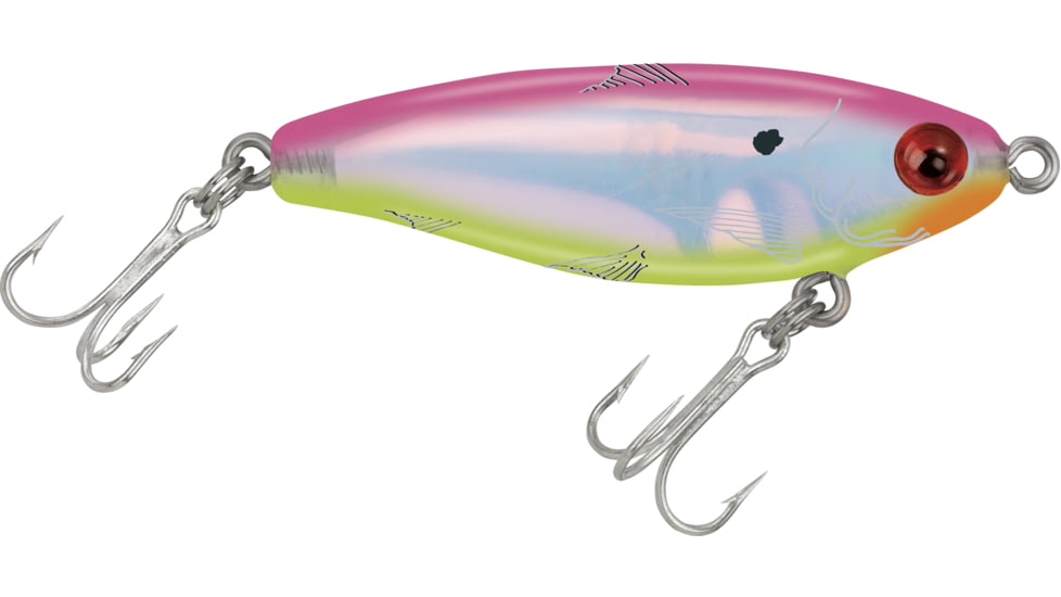 Mirrolure MirrOdine Mini Suspending Twitchbait, 2 1/4", 3/16 oz, 3-D Eyes, Fluorescent Hot Pink Back/Chartreuse Belly/Silver, 14MR-EC