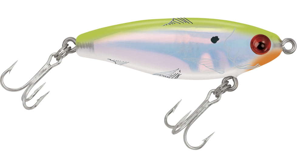 Mirrolure MirrOdine Mini Suspending Twitchbait, 2 1/4", 3/16 oz, 3-D Eyes, Chartreuse Back/Pearl Belly/Silver, 14MR-CFPR