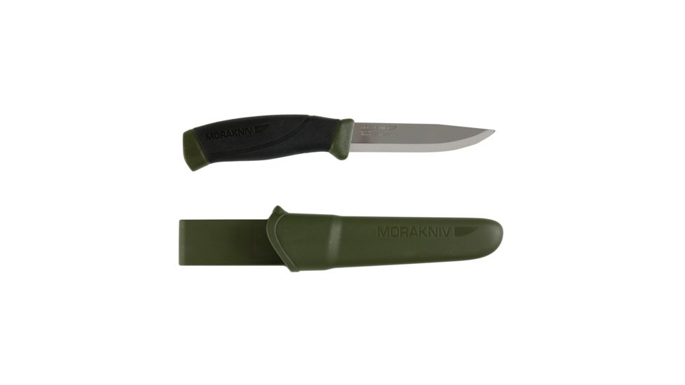 Morakniv 4.1 Inch Stainless Steel Companion Fixed Blade Knife w/ Military Green and Rubber Handle and Sheath, Mil Grn, 4.1, IRM-12215