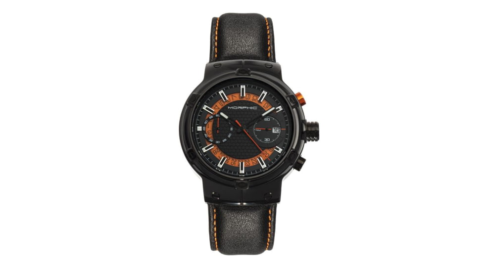 Morphic M91 Series Chronograph Leather-Band Watch w/Date, Black/Orange - Mens, MPH9105