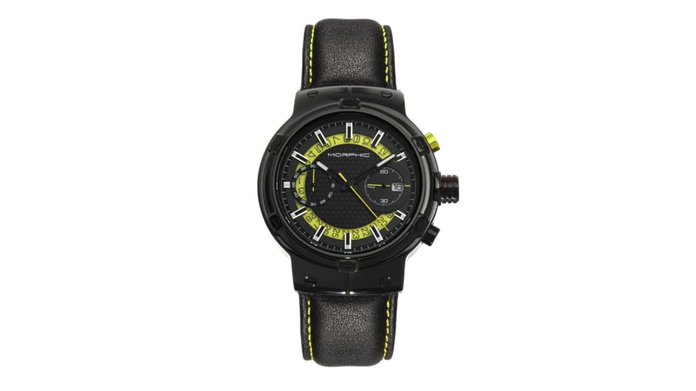 Morphic M91 Series Chronograph Leather-Band Watch w/Date, Black/Yellow - Mens, MPH9106
