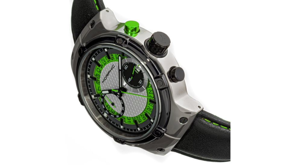 Morphic M91 Series Chronograph Leather-Band Watch w/Date, Silver/Green - Mens, MPH9102