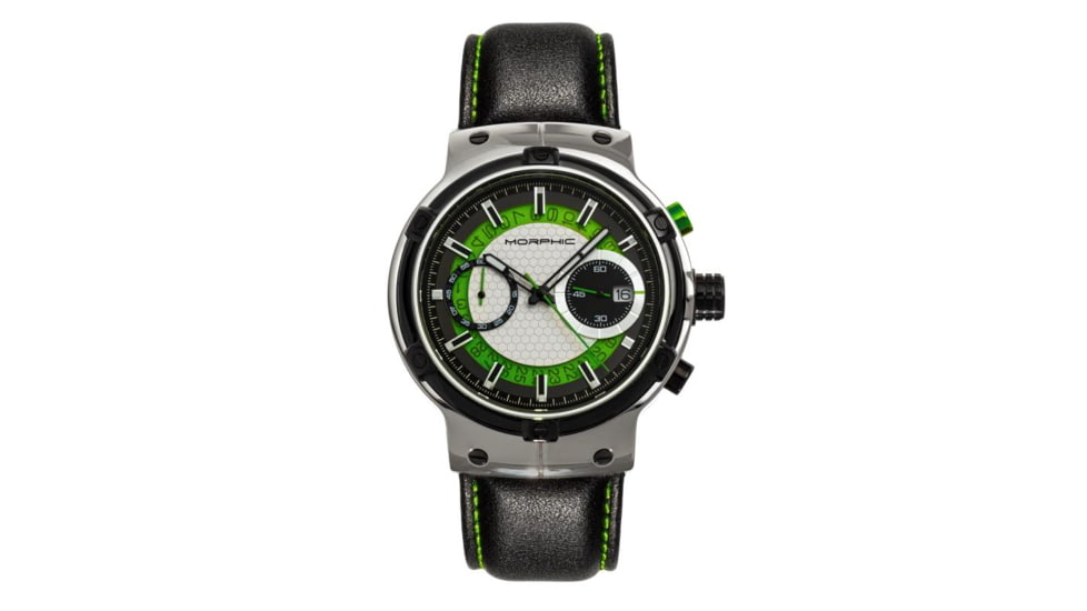 Morphic M91 Series Chronograph Leather-Band Watch w/Date, Silver/Green - Mens, MPH9102