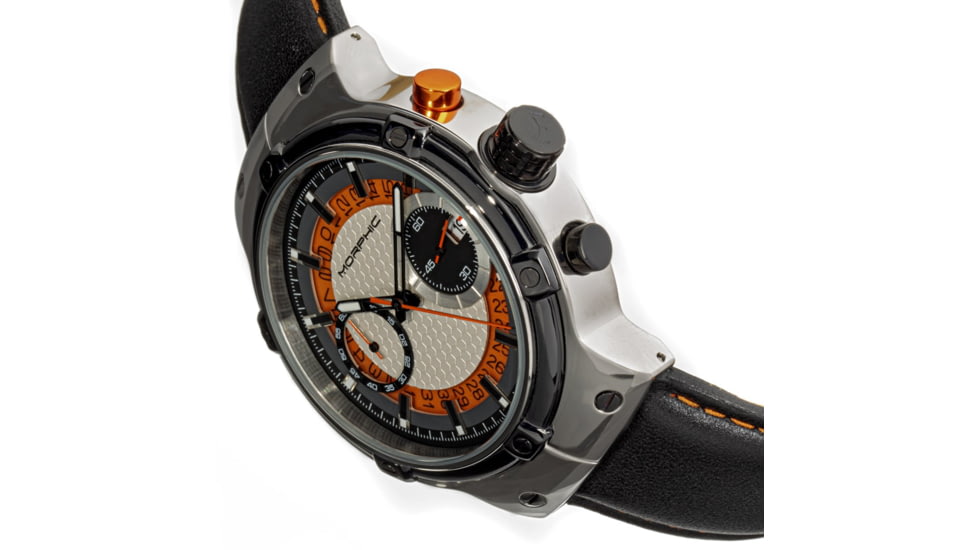 Morphic M91 Series Chronograph Leather-Band Watch w/Date, Silver/Orange - Mens, MPH9101