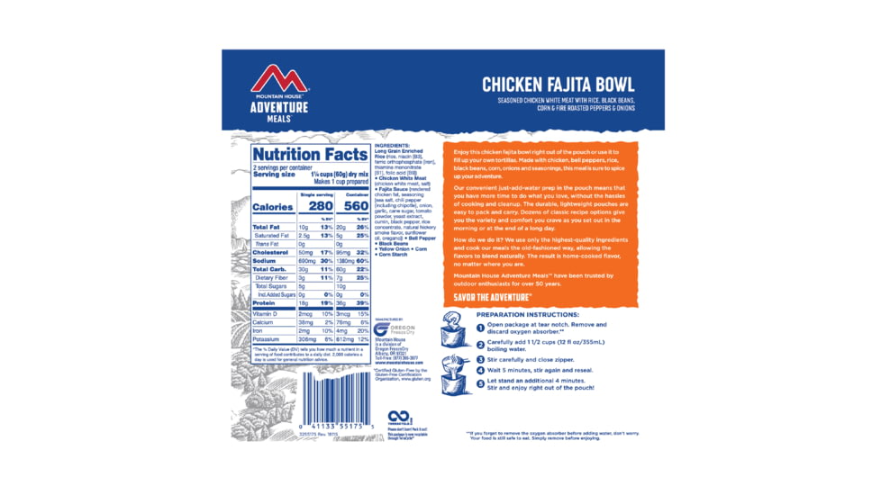 Mountain House Chicken Fajita Bowl, 2 Servings, 55175